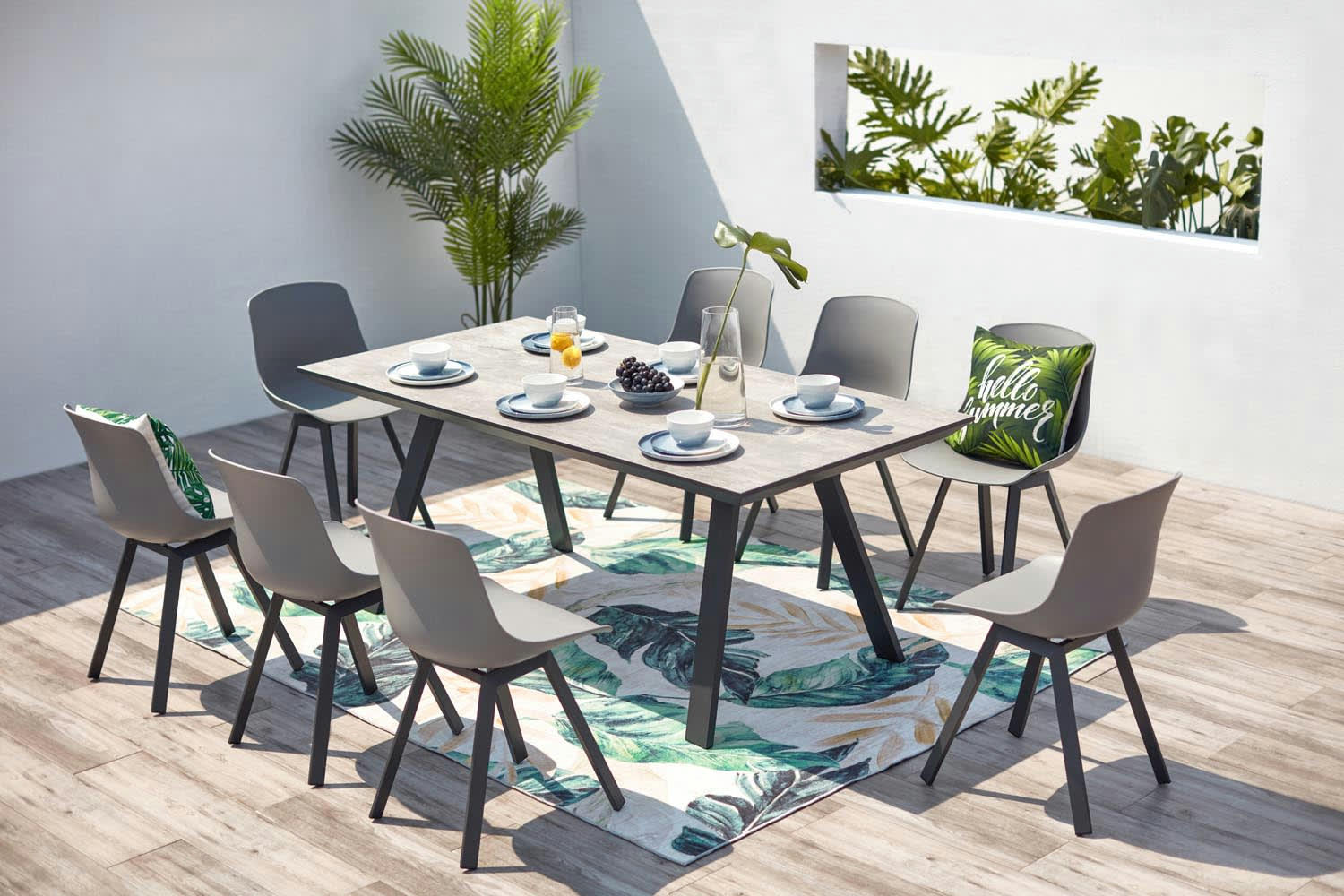 TEMARA - Salon de jardin aluminium et plateau aspect ciment 8 places