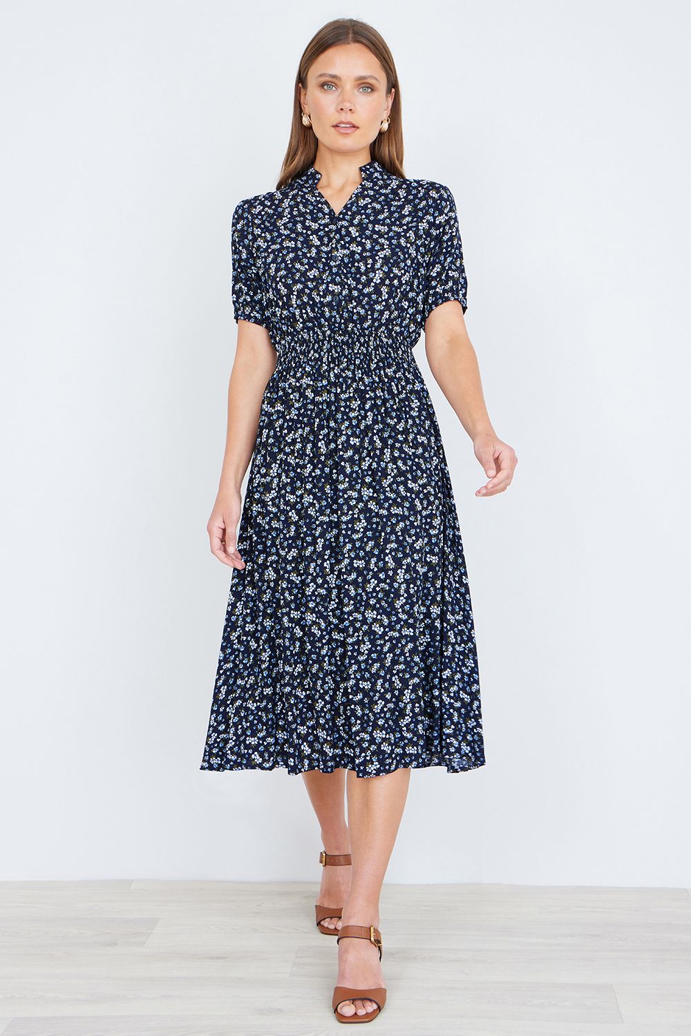 Yumi Navy Ditsy Floral Midi Shirt Dress With Ruched Waist