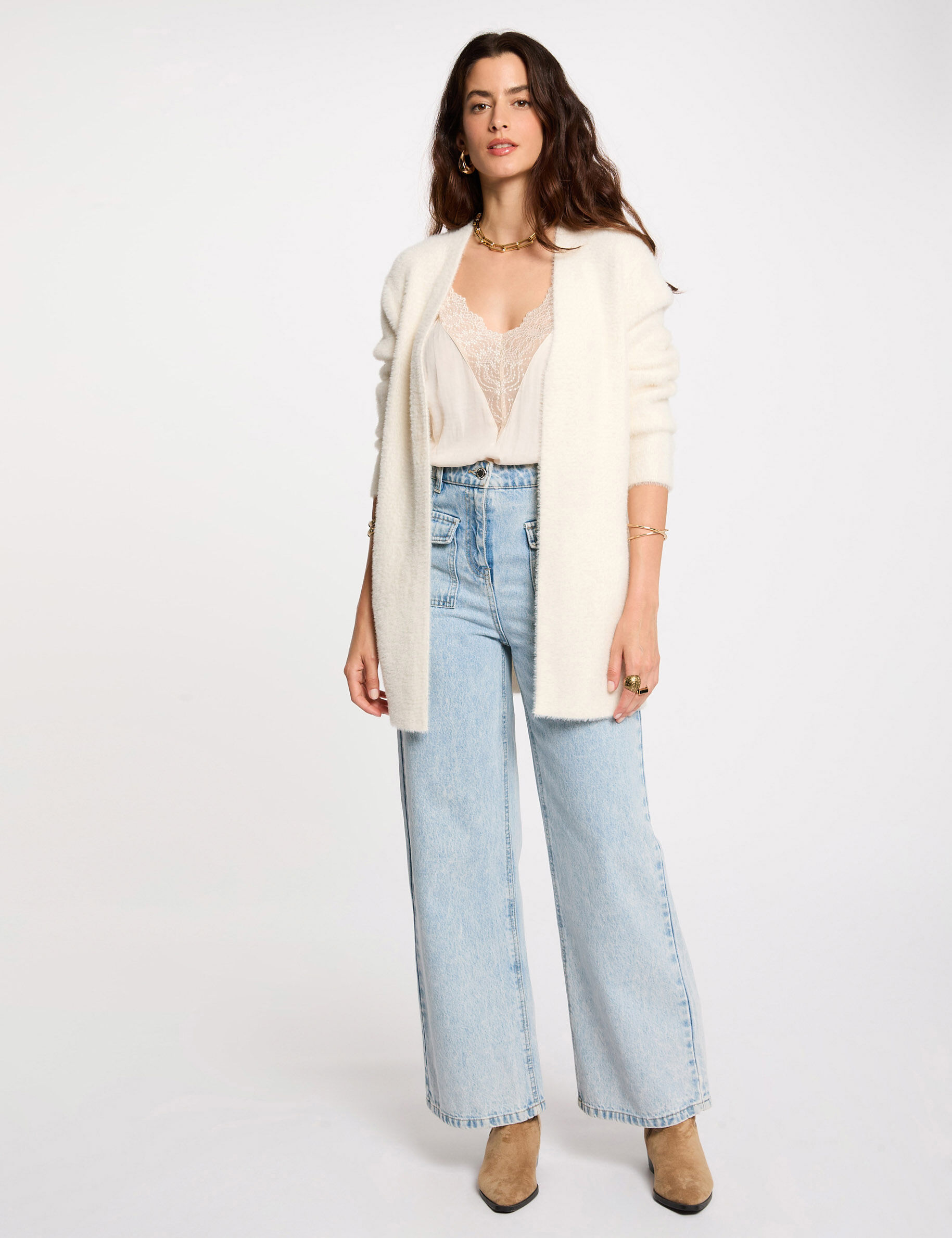 Long Cardigan With Fluffy Knit Ivory Women