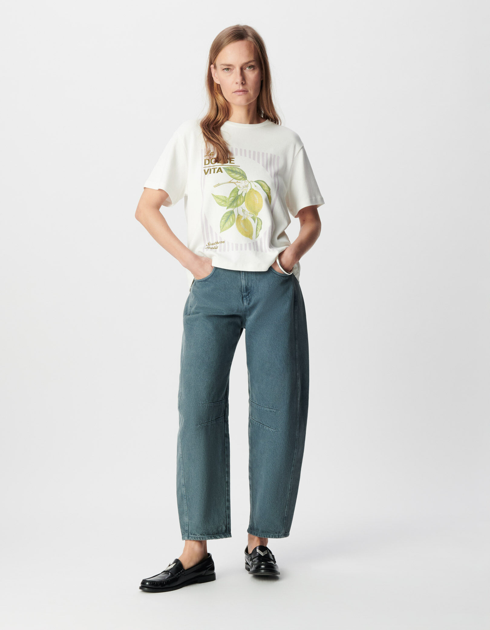 Tee-shirt col rond blanc coton bio visuel citrons Femme