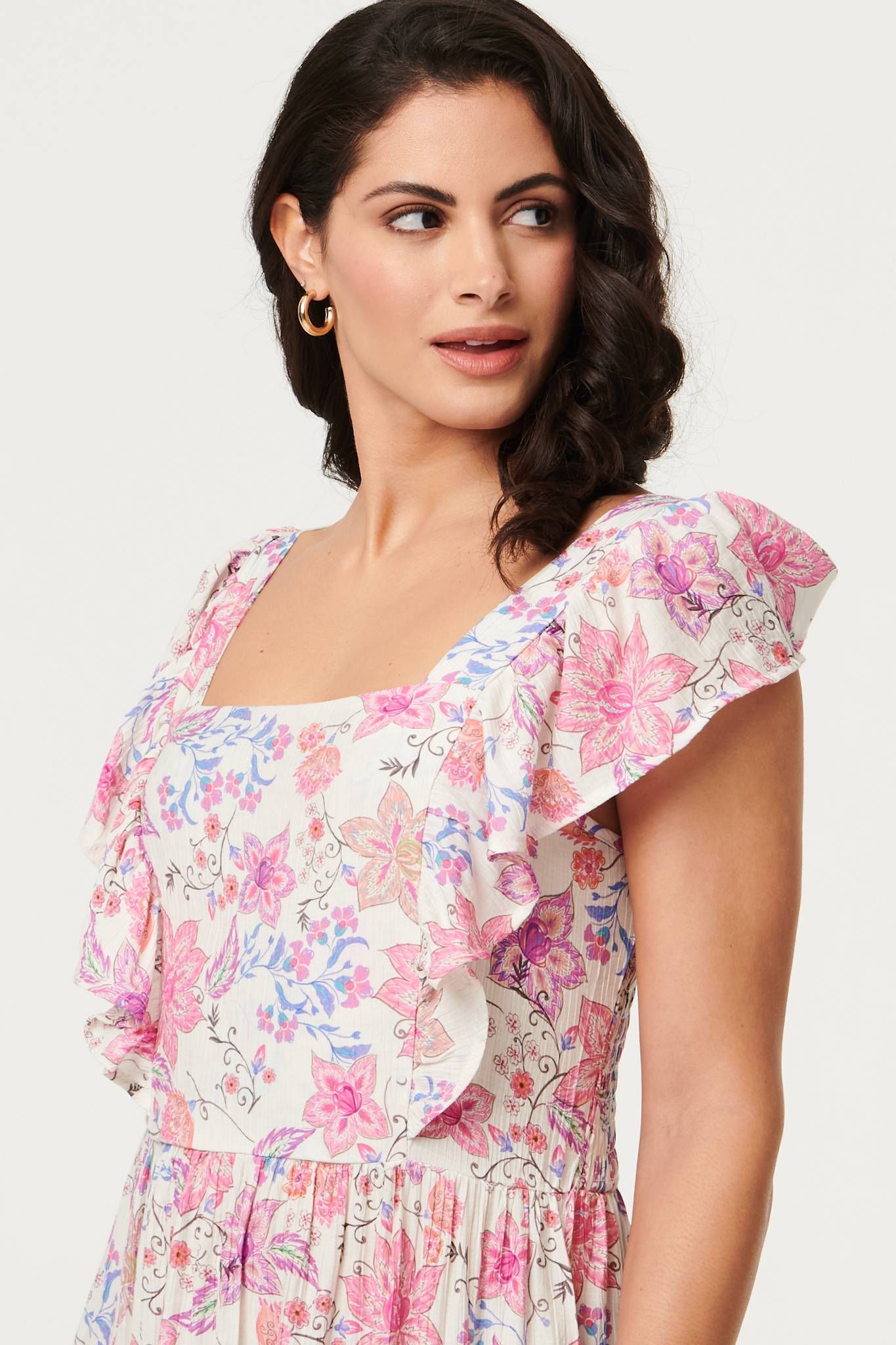 Izabel London Floral Ruffled Cap Sleeve Maxi Dress