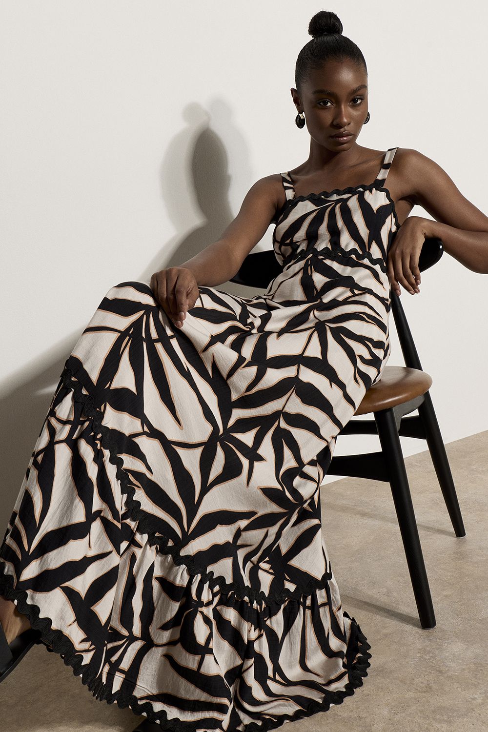 Apricot Leaf Silhouette Ric Rac Trim Maxi Dress