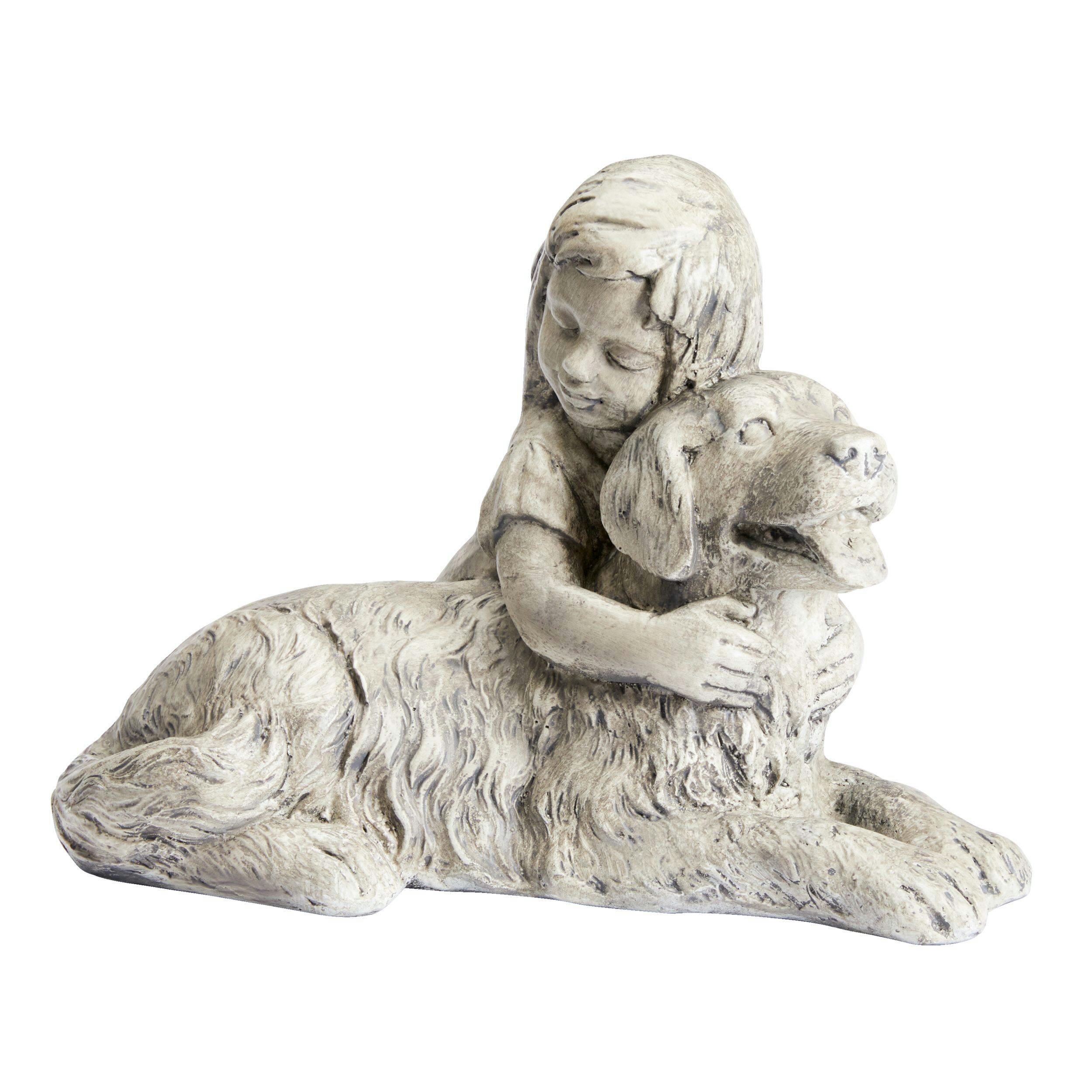 For Living Girl with Dog Memorial Statue, 12.60-in, Grey