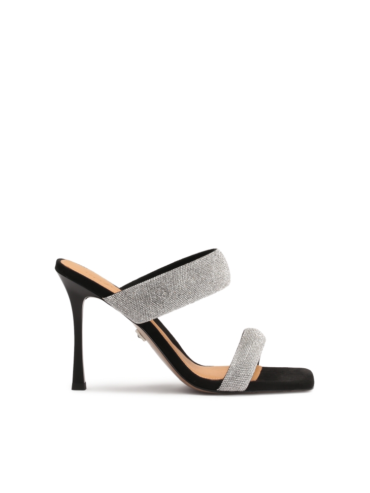 Black mules on heels with sparkly straps