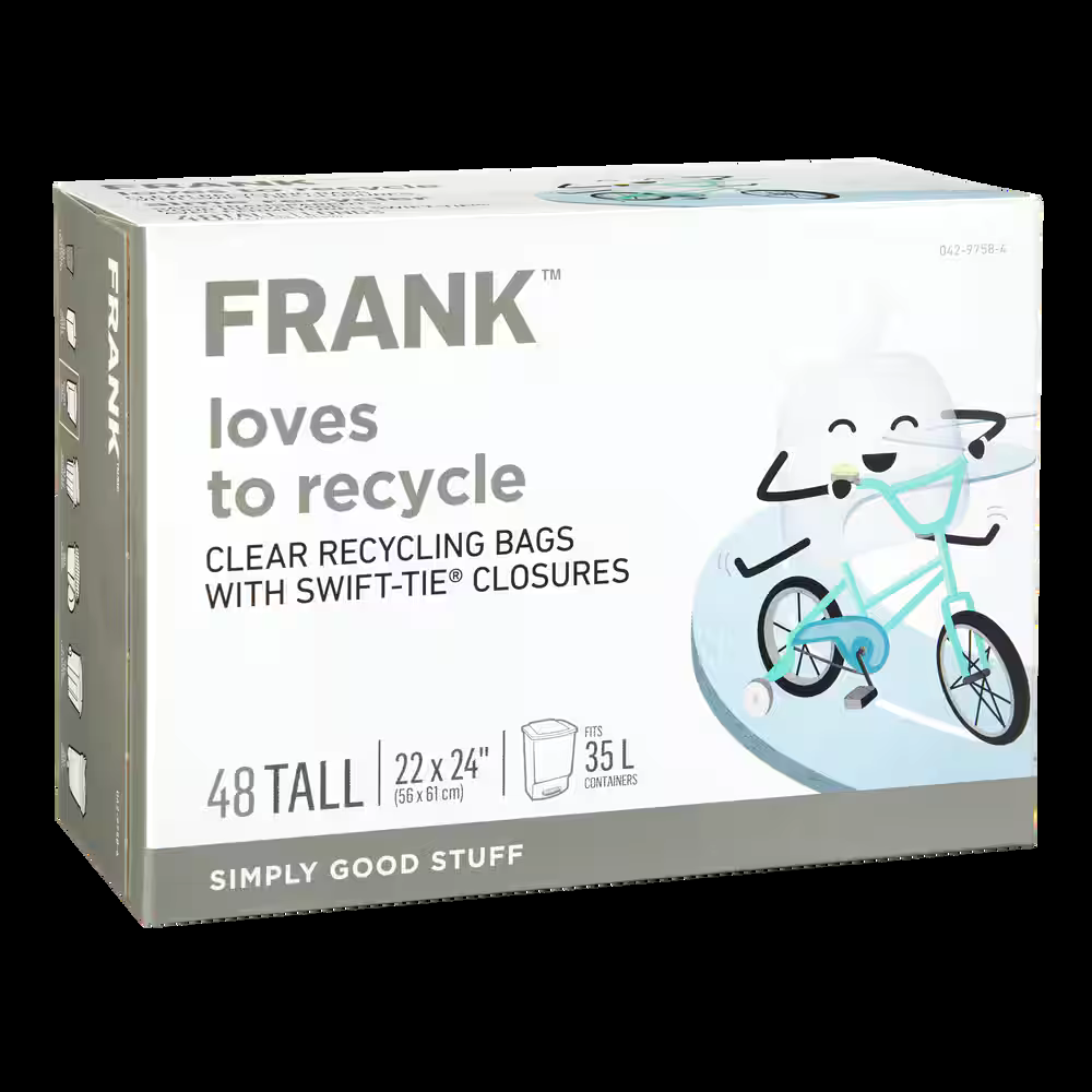 FRANK Tall Swift-Tie Recycling Bags, 48-pk, Clear, 34-L