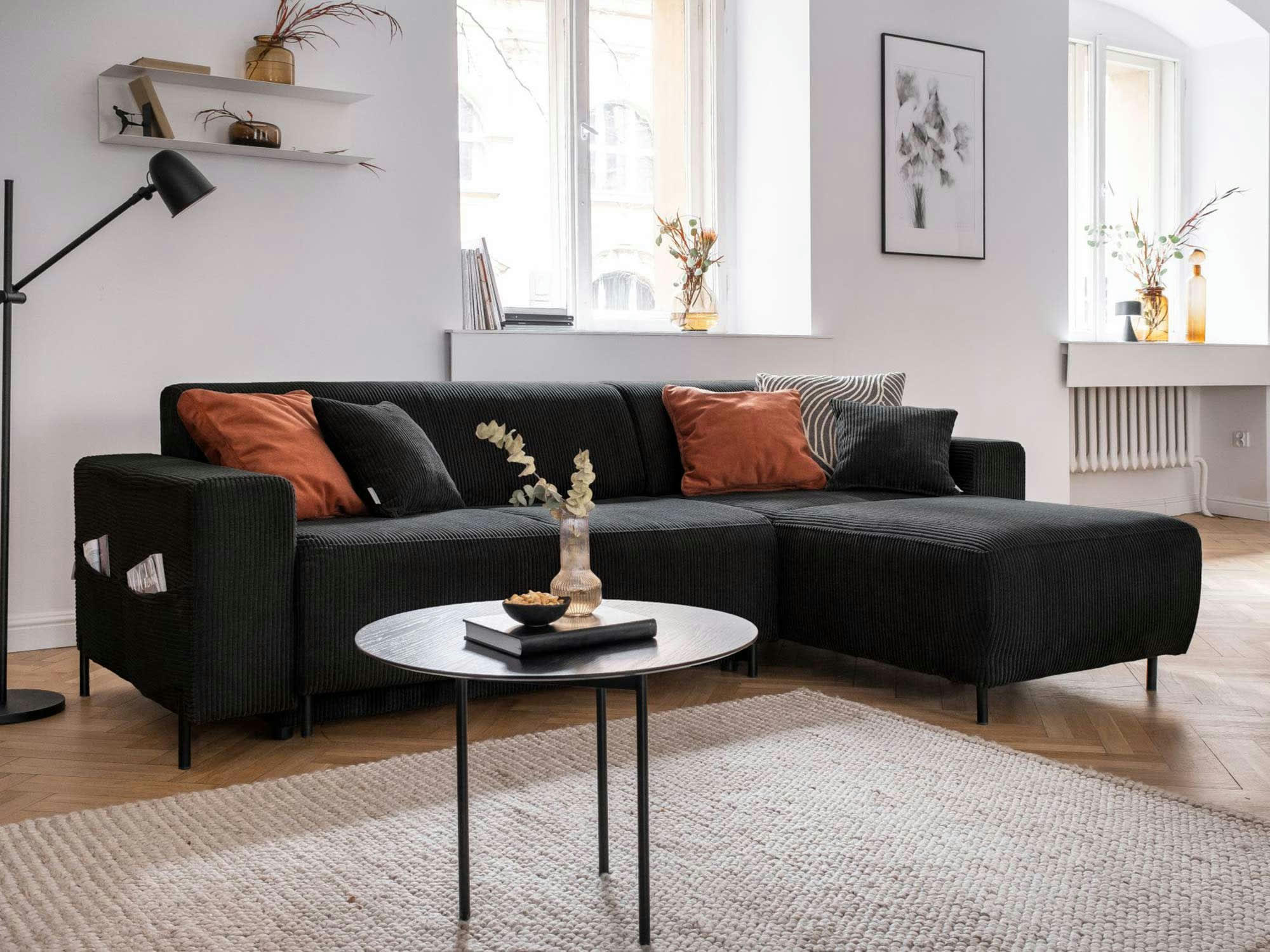 CUDDLY - Canapé d'angle réversible convertible 4 places en velours côtelé gris