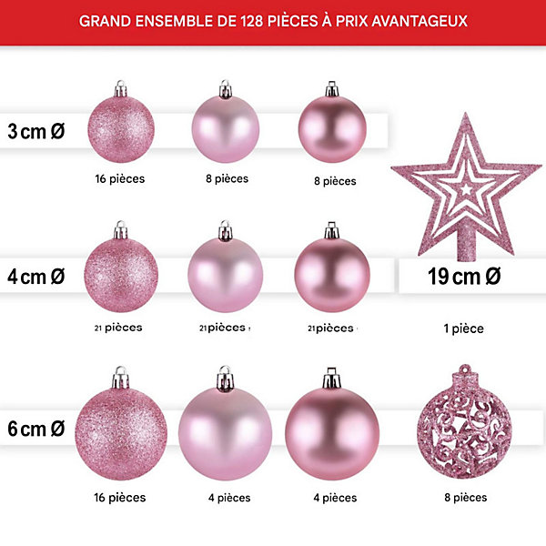 Boules de Noël Roses Décorations de sapin Coffret de 128 pièces inclus ètoile de sapin-5 cartes