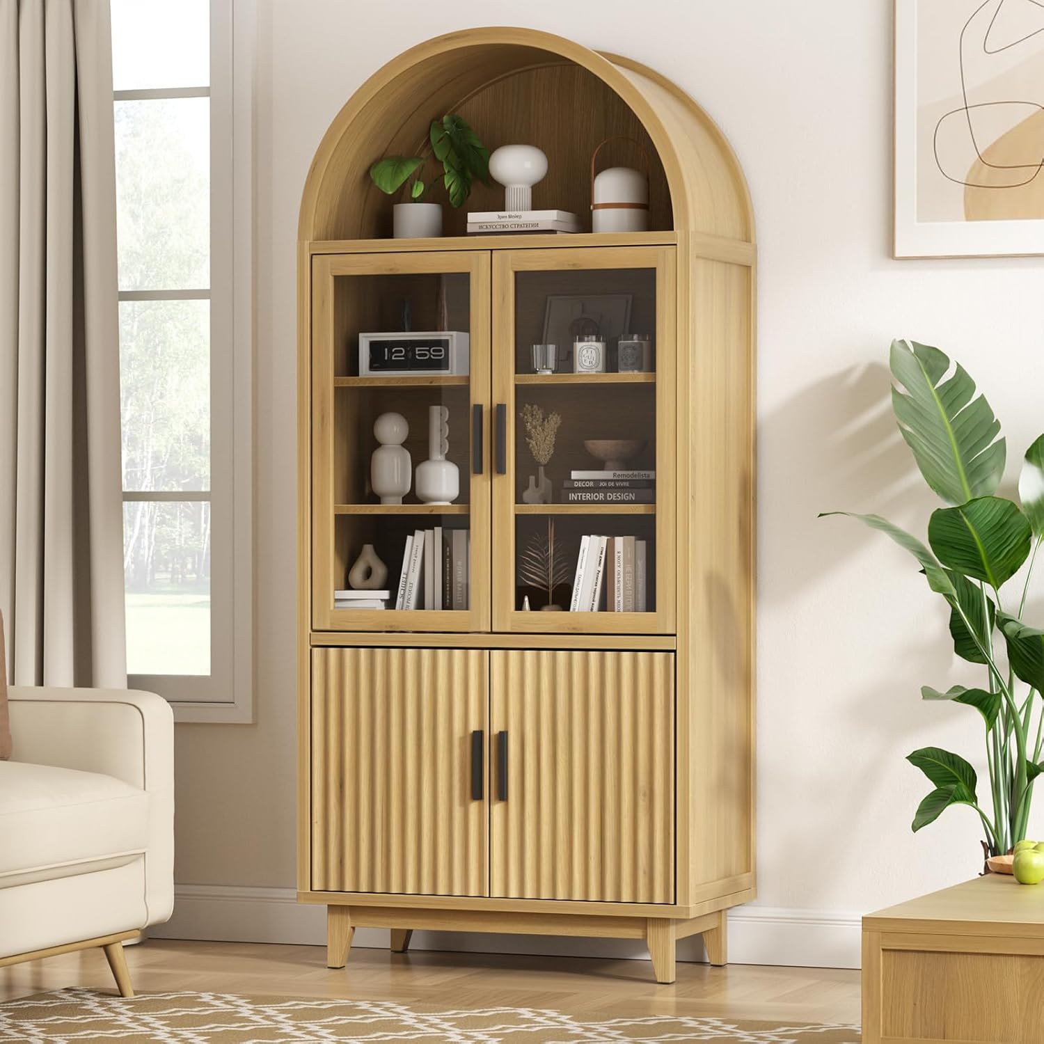 FiveWillowise Arched Cabinet with Glass Doors, 71 Tall Fluted Galss Cabinet with Solid Wood Legs, Adjustable Shelves Accent Furniture for Living Room, Kitchen, Dining Room, Entryway, Natural