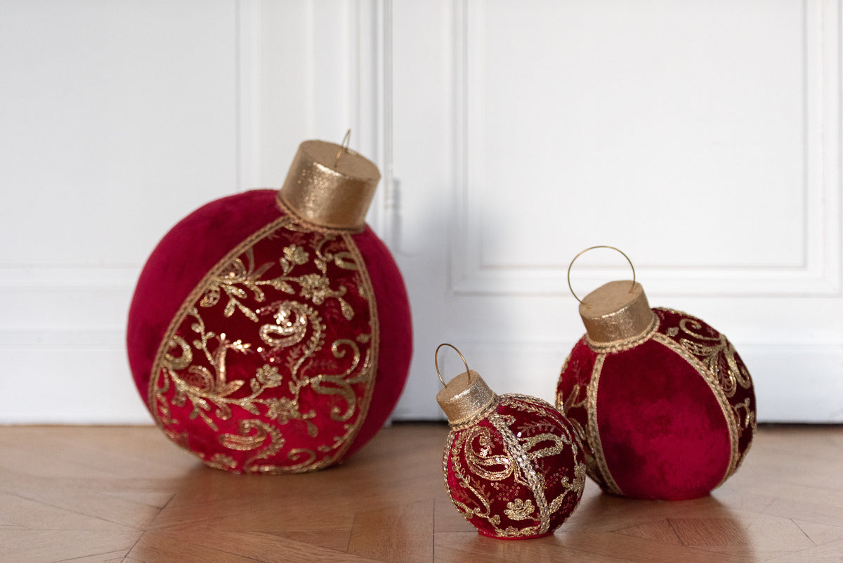 J-Line kerstbal Patroon - polyfoam/textiel - rood/goud - medium