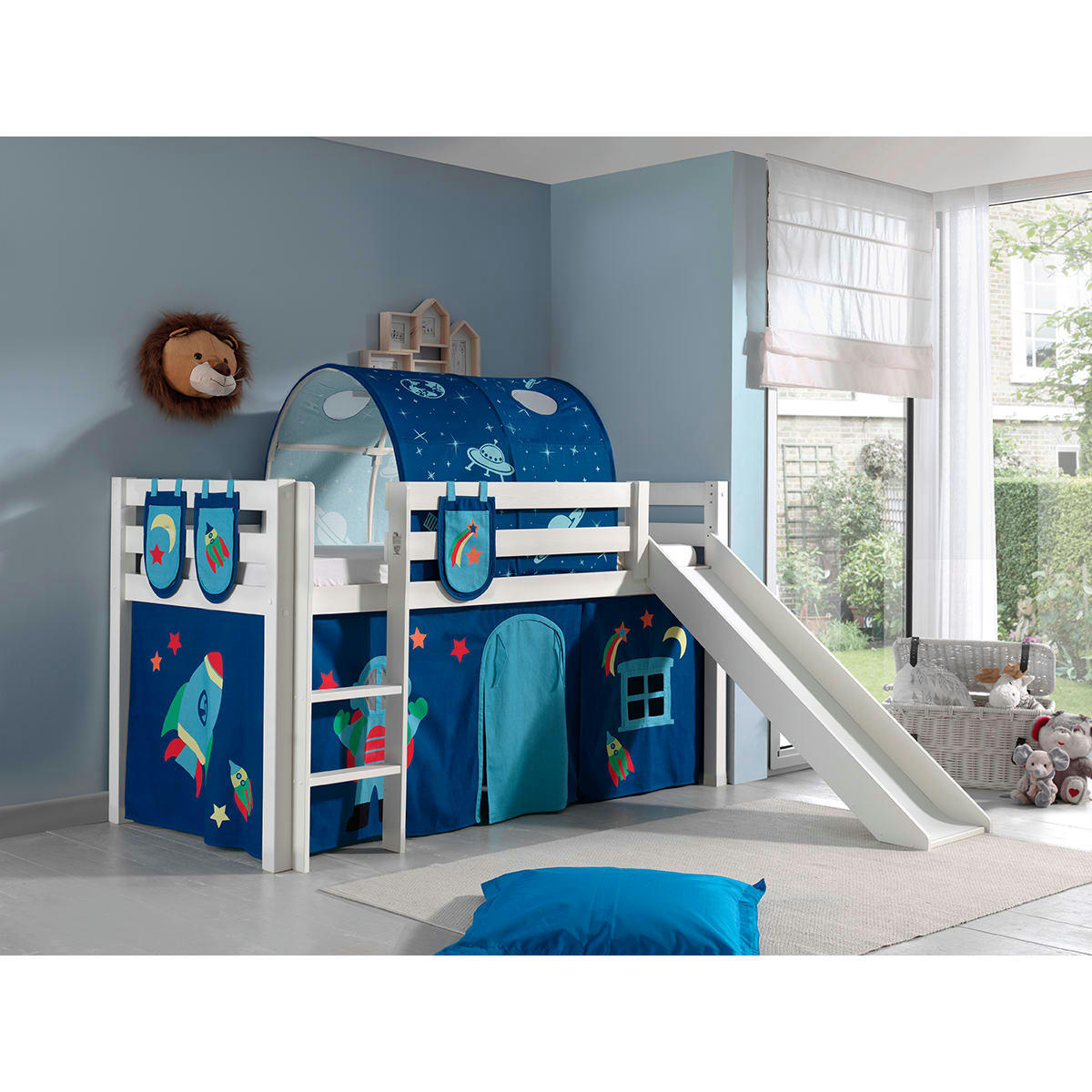 PINO - Lit mi-hauteur 90x200 toboggan sommier inclus housse astro blanc noir