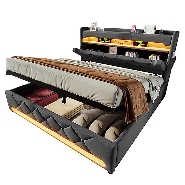 Lit rembourré hydraulique 140x200cm, lit double, espace de rangement tête de lit avec port usb et type c, lin, gris, sans matelas