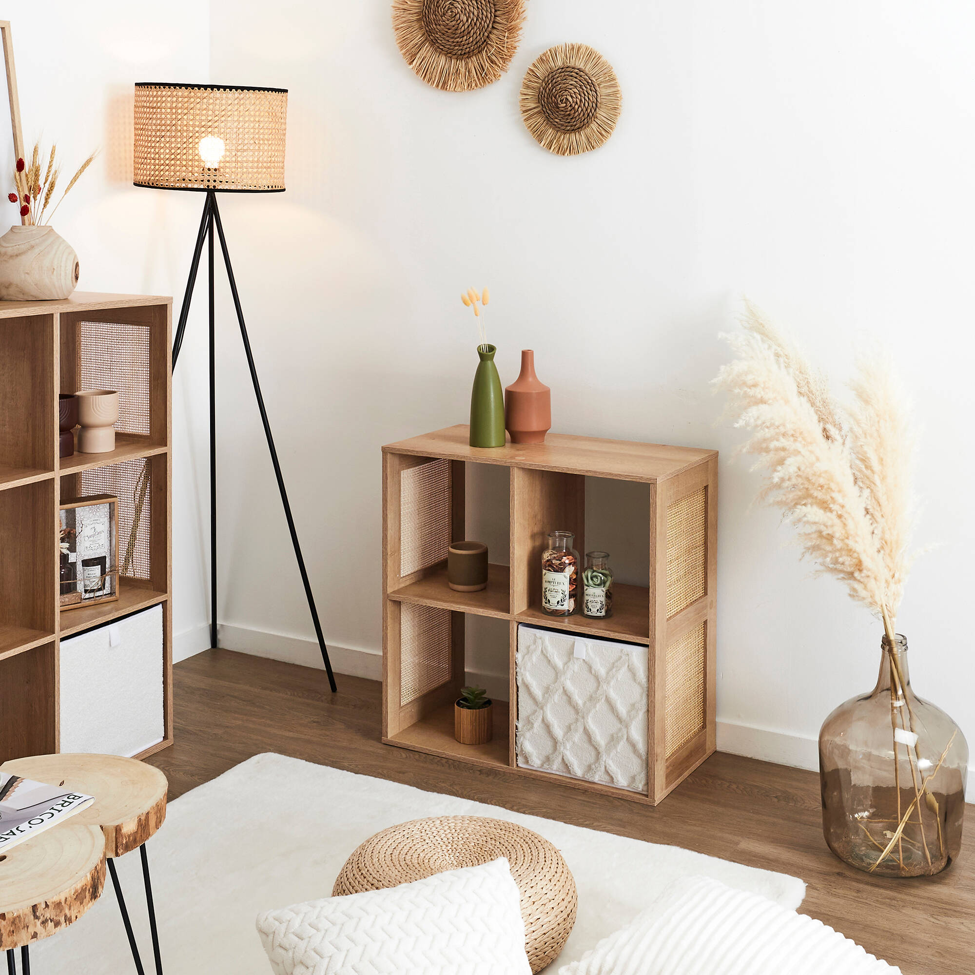 Meuble de rangement 4 cases, bois et rotin