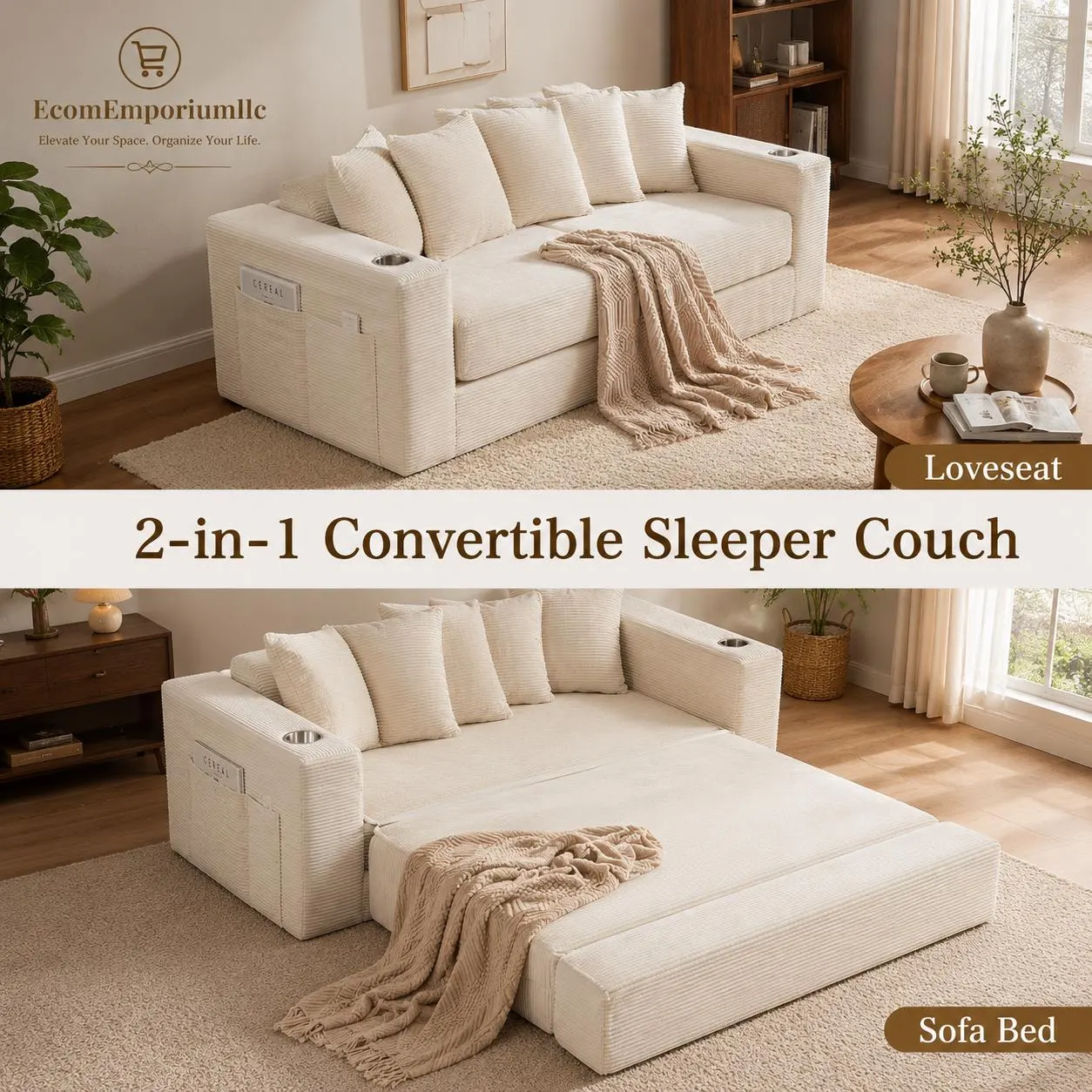 Corduroy Boneless Couch with Cup Holders & Pocket | Convertible Sofa Bed | Living Room Sofa | Modular Floor Sofa | Modern Couch Set
