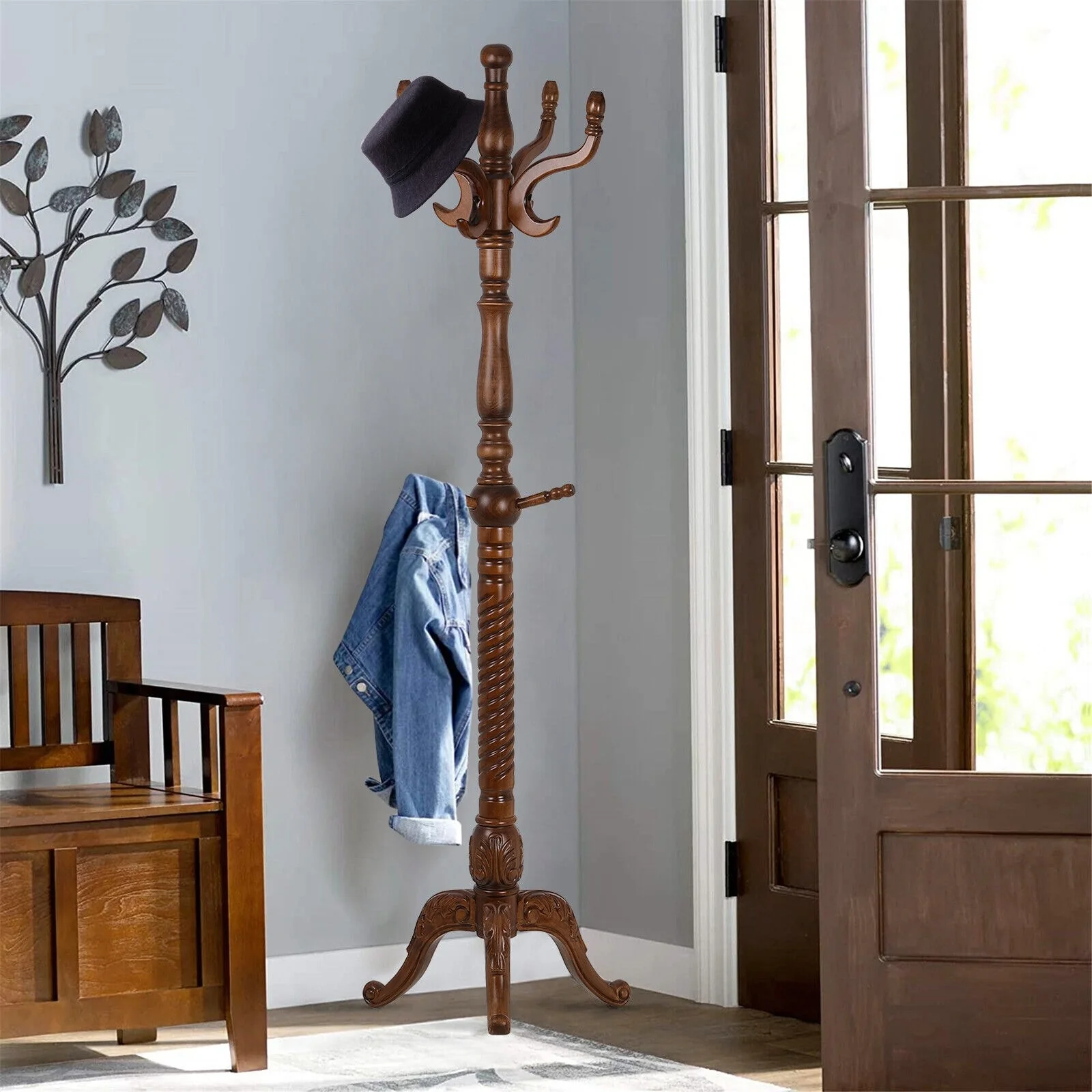 Creative Solid Ash Wood Freestanding Coat Rack with 8 Hooks