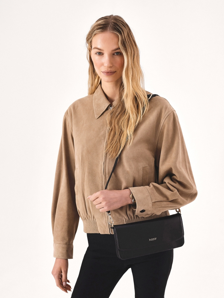 Oblong flat handbag with flap