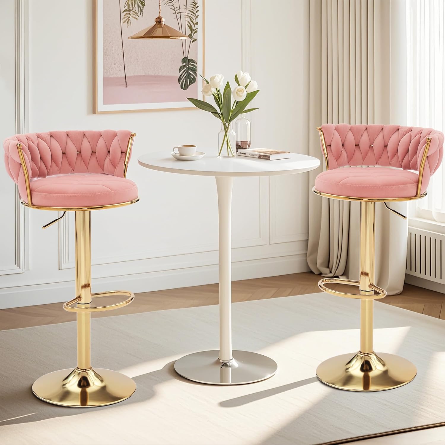 VECELO Bar Stools Set of 2, Adjustable Barstools Counter Height Stools with Back and Arm, Velvet Woven Kitchen Island Stools w/Gold Metal Leg Base, 360° Swivel Bar Chair, Pink