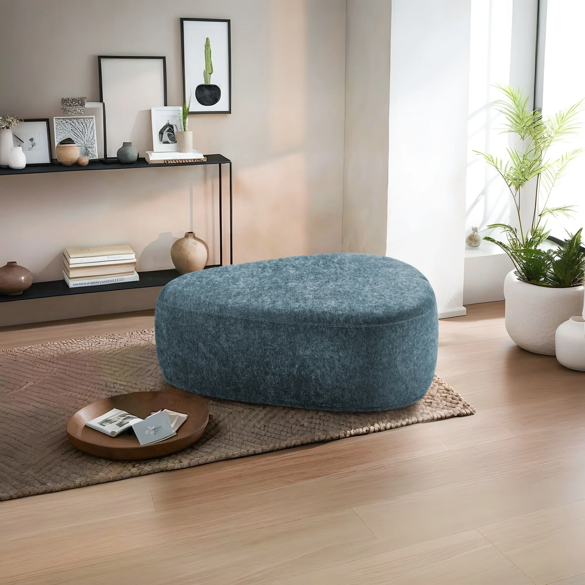 43 Rounded Triangle Upholstered Ottoman, Oversize Fabric Ottoman Footstool