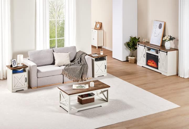 AMERLIFE 5-Piece Farmhouse Table Set Includes Fireplace TV Stand, Coffee Table& Two End Tables with Charging Station and USB Ports, for Living Room, Distressed White, 59