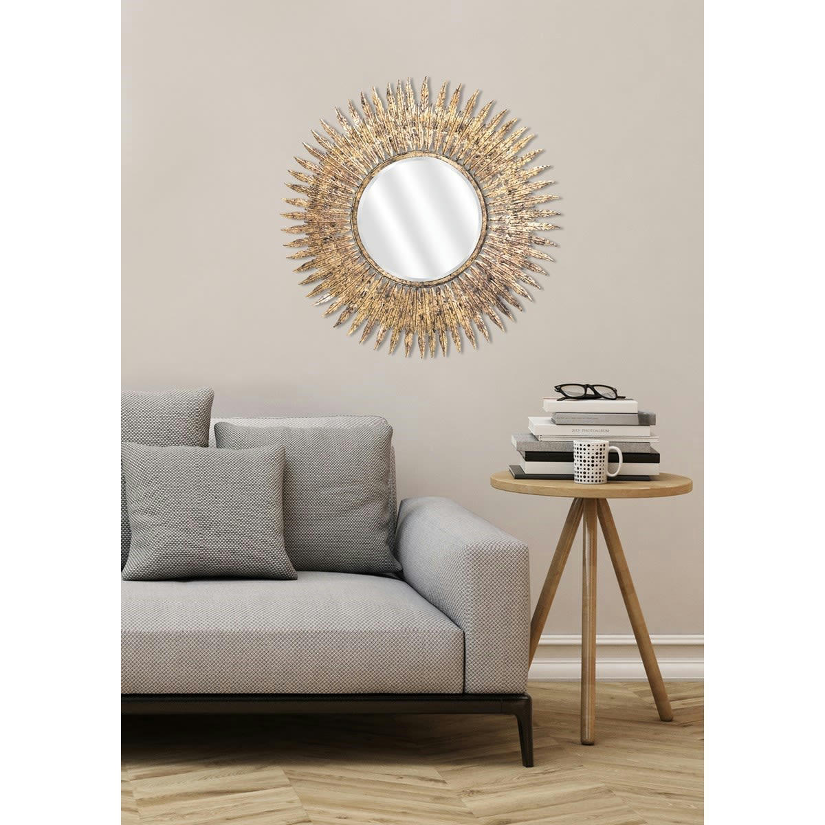 - Miroir soleil doré verre et feuilles or