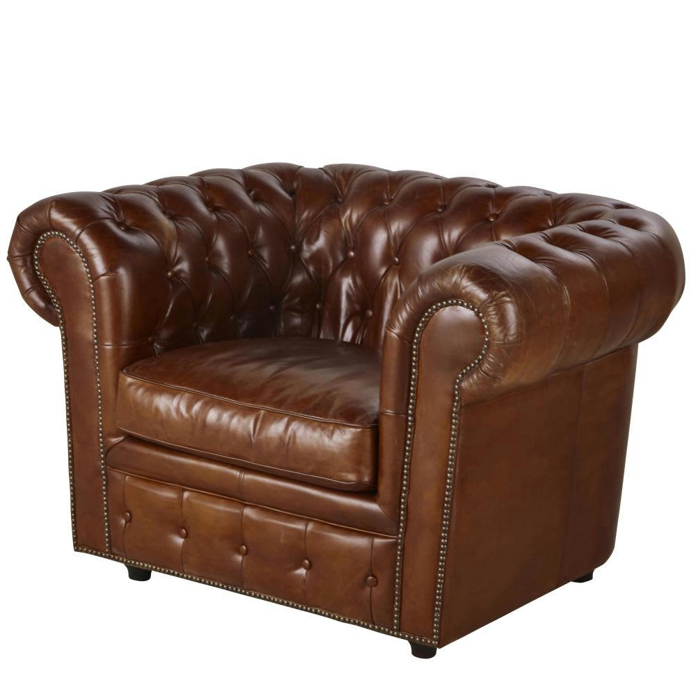 Chesterfield - Fauteuil capitonné en cuir marron