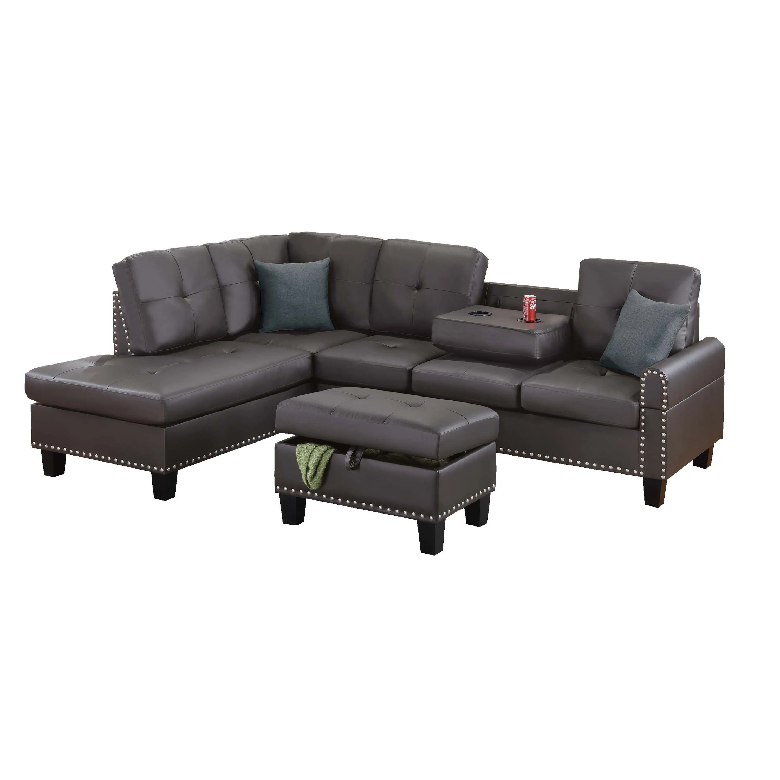 Seo 3pc Sectional Sofa Set with Ottoman, 2 Pillows, Brown Faux Leather