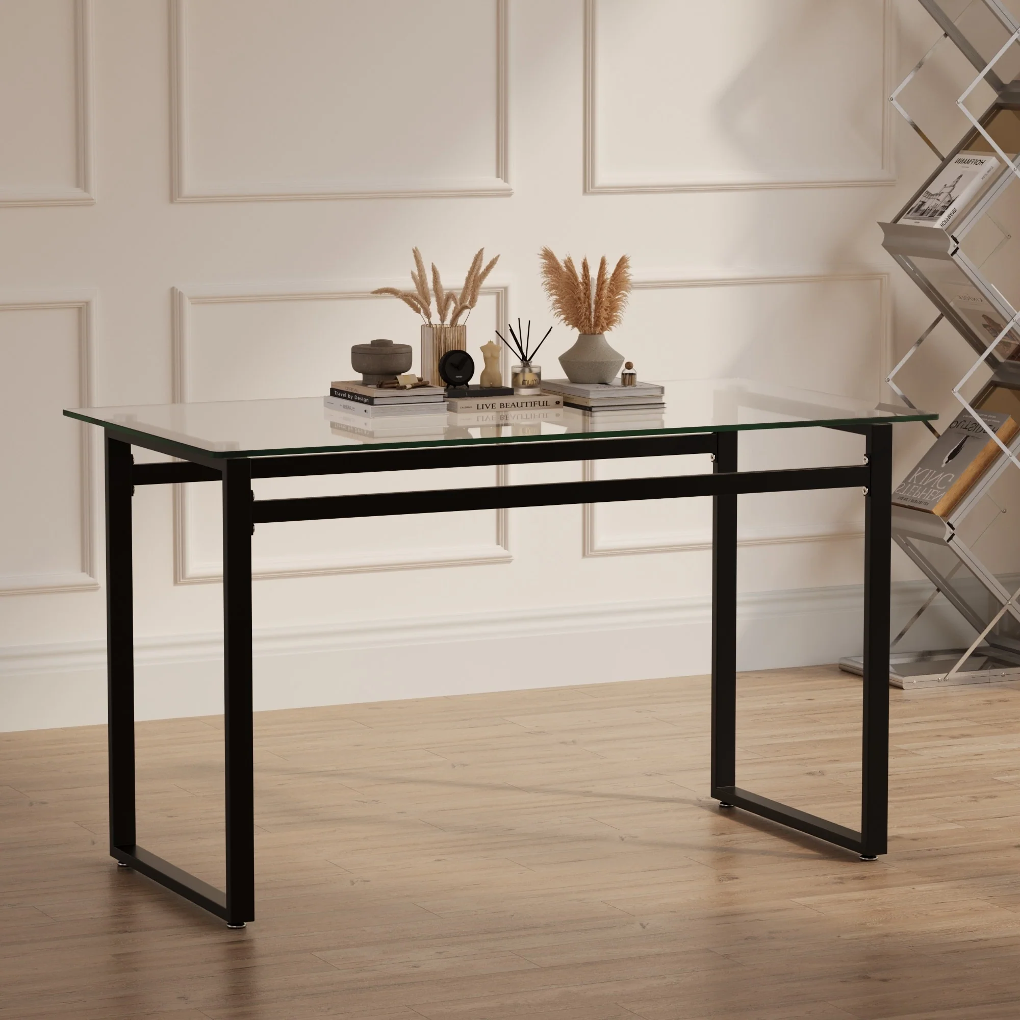 Modern Minimalist Rectangular Glass Dining Table for 4-6 with 0.31 Tempered Glass Tabletop and Black Chrome Metal Legs