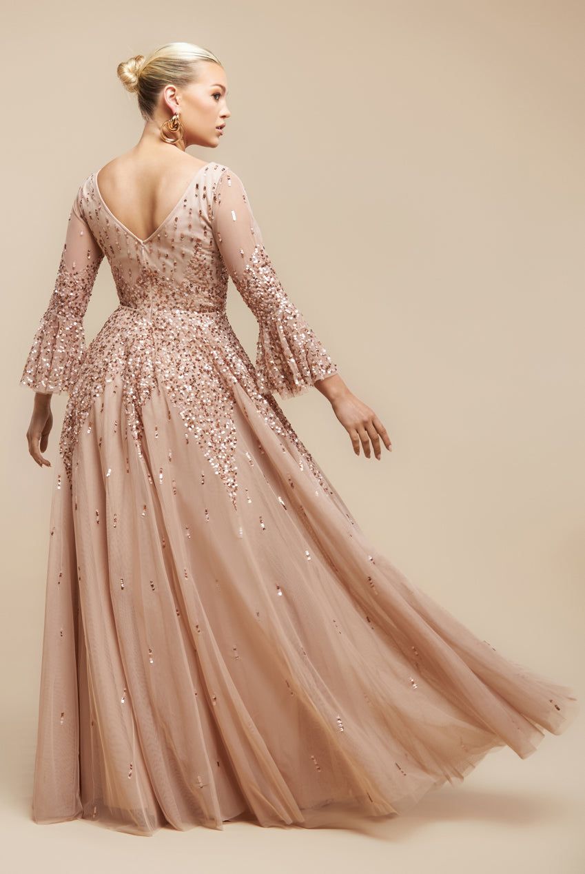 Goddiva Sunray Sequin A Line Bell Sleeve Maxi Dress