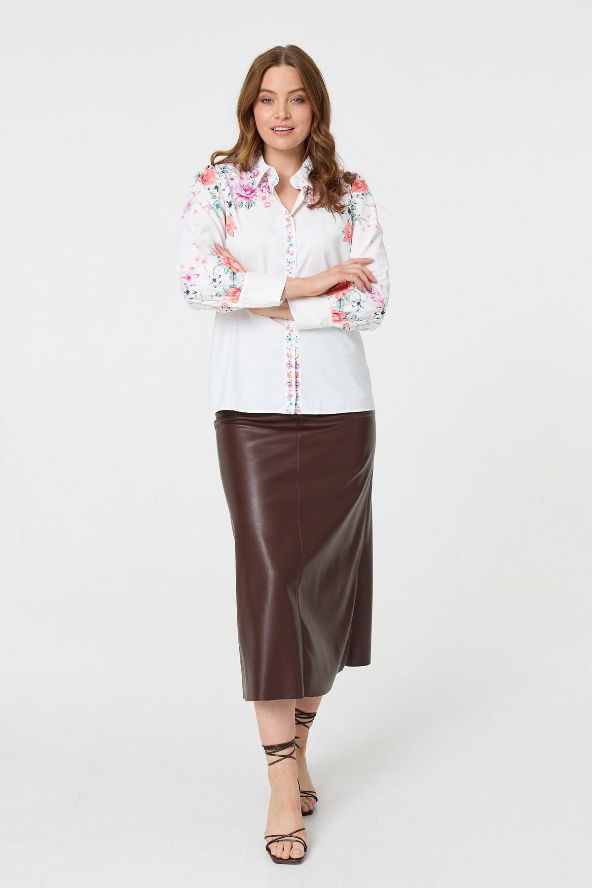 Izabel London Floral Border Print Long Sleeve Shirt