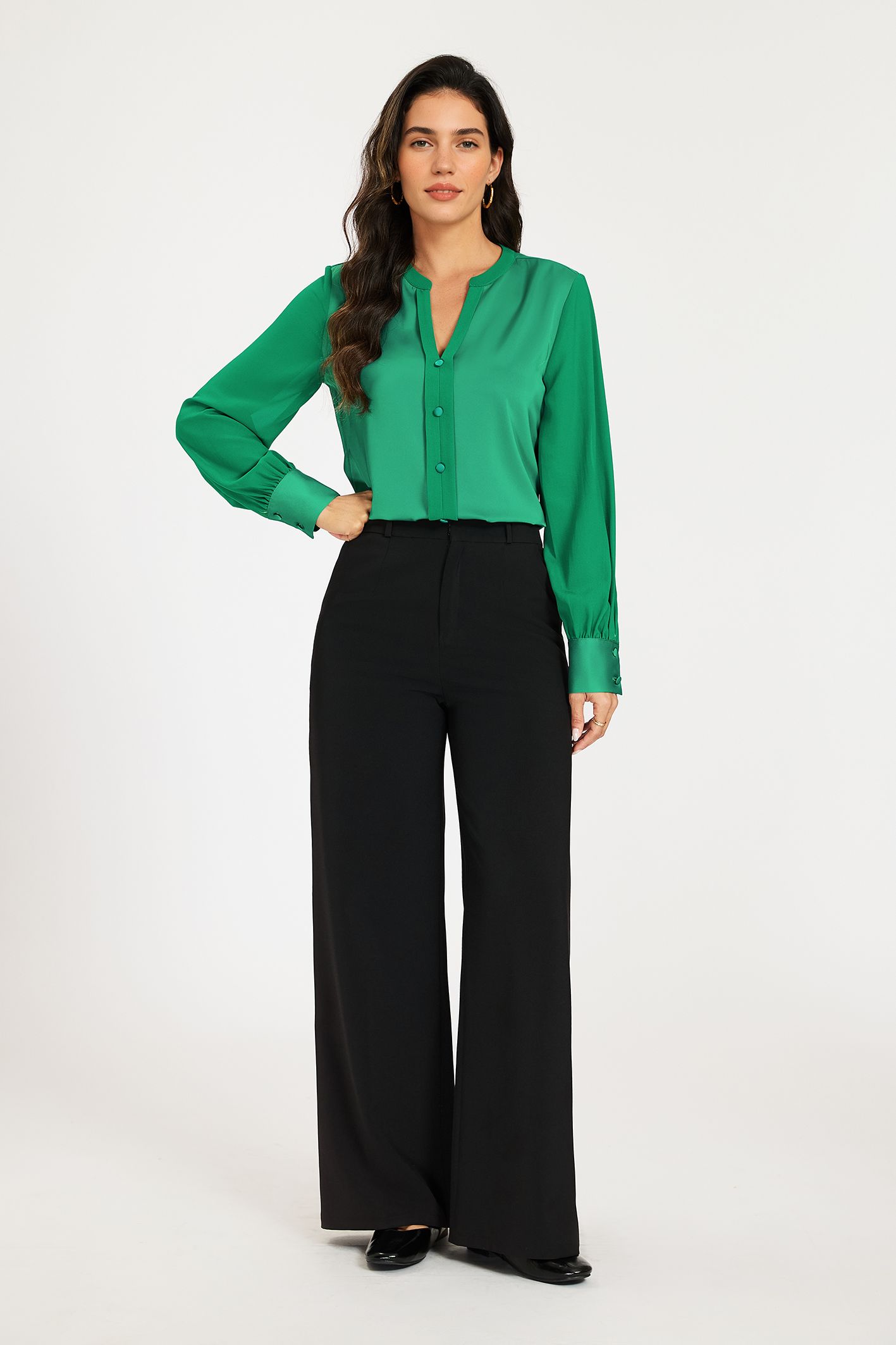 FS Collection Satin Notch Neck Blouse with Sheer Chiffon Sleeves
