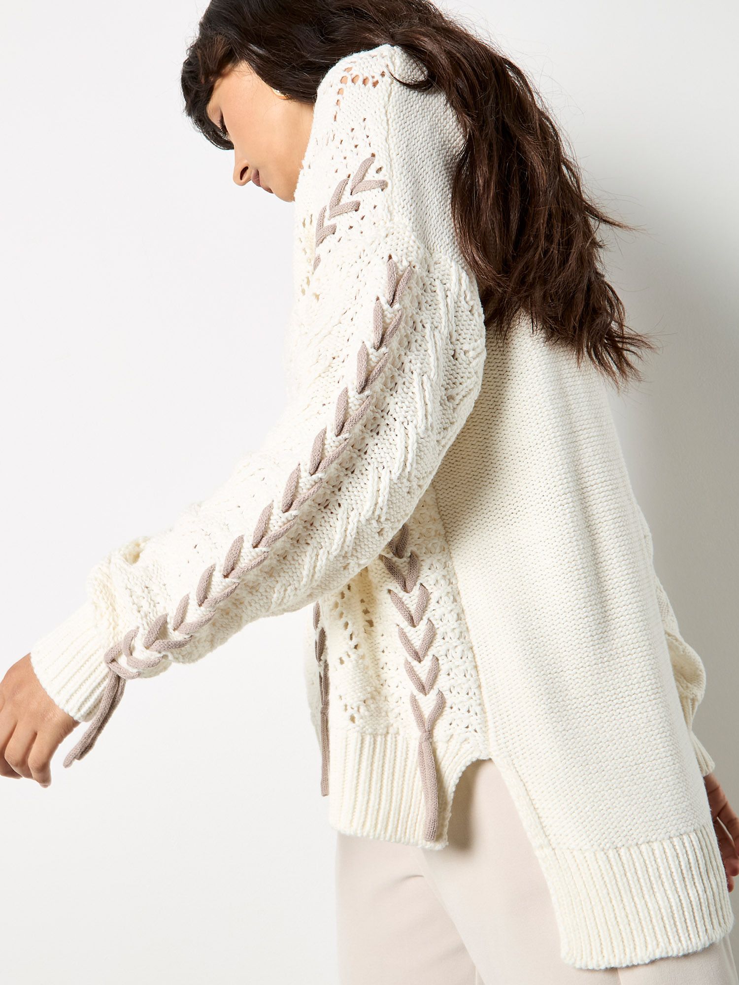 Apricot Pointelle Knit Lace Up Jumper