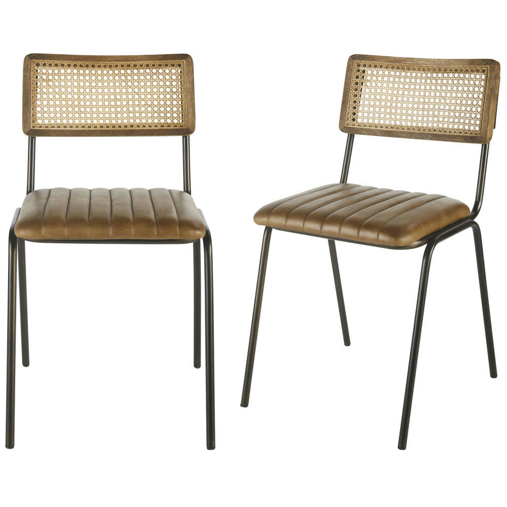 Dalston Business - Chaises professionnelles en cuir de buffle marron, cannage en rotin et métal noir (x2)