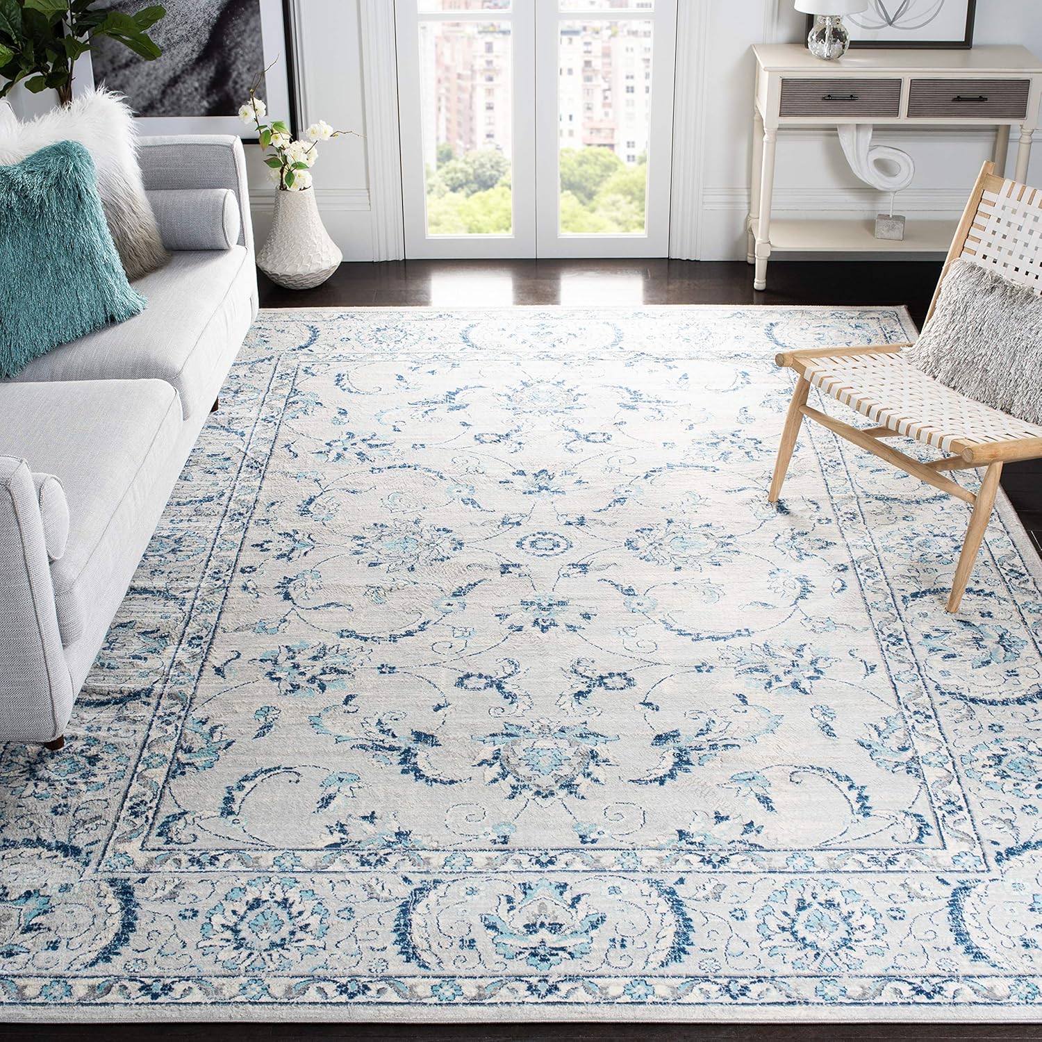 SAFAVIEH Brentwood Collection Area Rug - 10' x 13', Light Grey & Blue, Oriental Floral Scroll Design, Non-Shedding & Easy Care, Ideal for High Traffic Areas in Living Room, Bedroom (BNT854G)