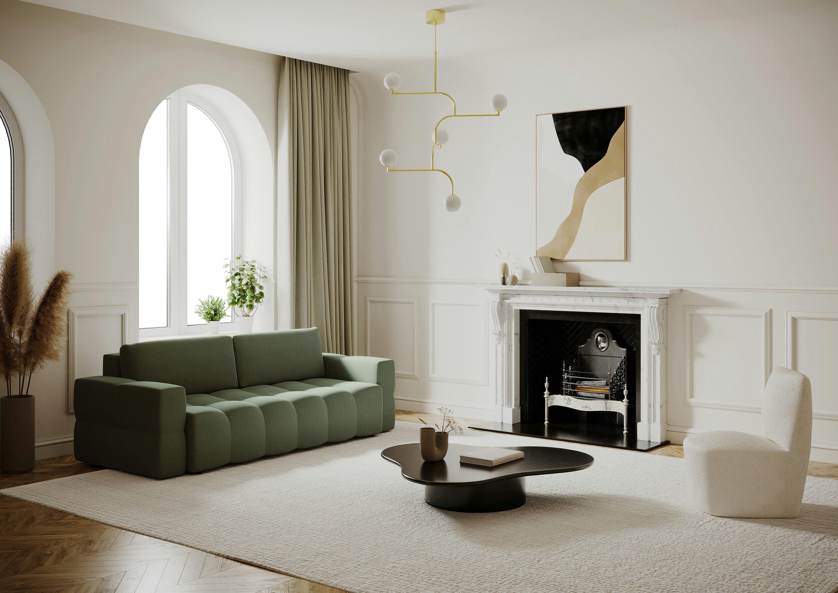 GABRIEL - Canapé 4 places convertible coffre noyer tissu tramé vert olive