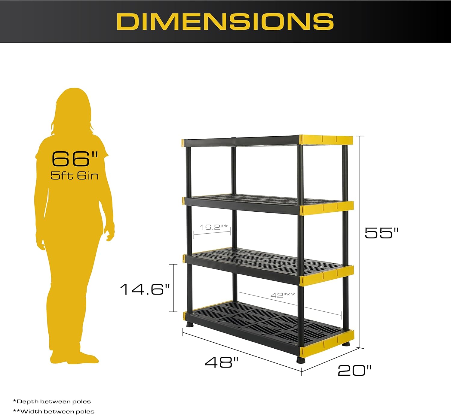 CX Black & Yellow 4-Tier Heavy Duty Storage Shelves and 8 Heavy Duty Storage Bins with Lids, 4 Shelves that Support up to 200lbs/shelf + 27 Gallon Containers (8-Pack), Organization and Storage