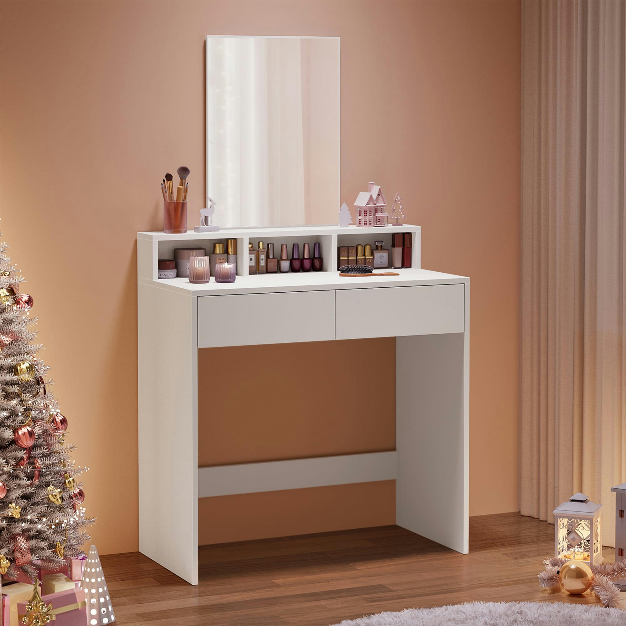 - Coiffeuse avec grand miroir effet bois blanc