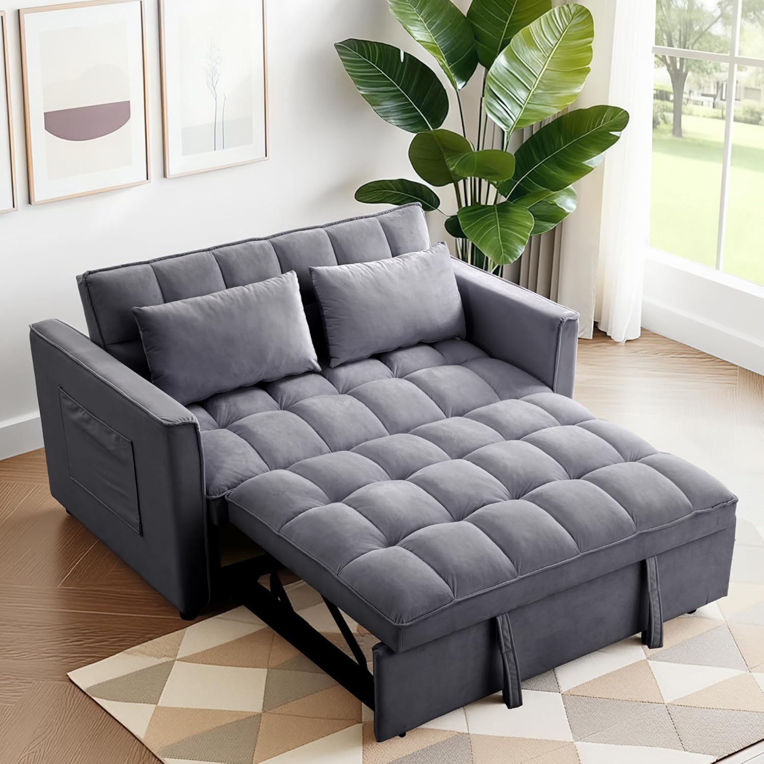 FLEXISPOT XCT4 Pull Out Couch, 3-in-1 Sleeper Sofa Bed with Adjustable Backrest, Loveseat Sleeper with Pillows & Side Pockets, Convertible Futon Couch for Small Spaces Guest Room Apartment, Gray