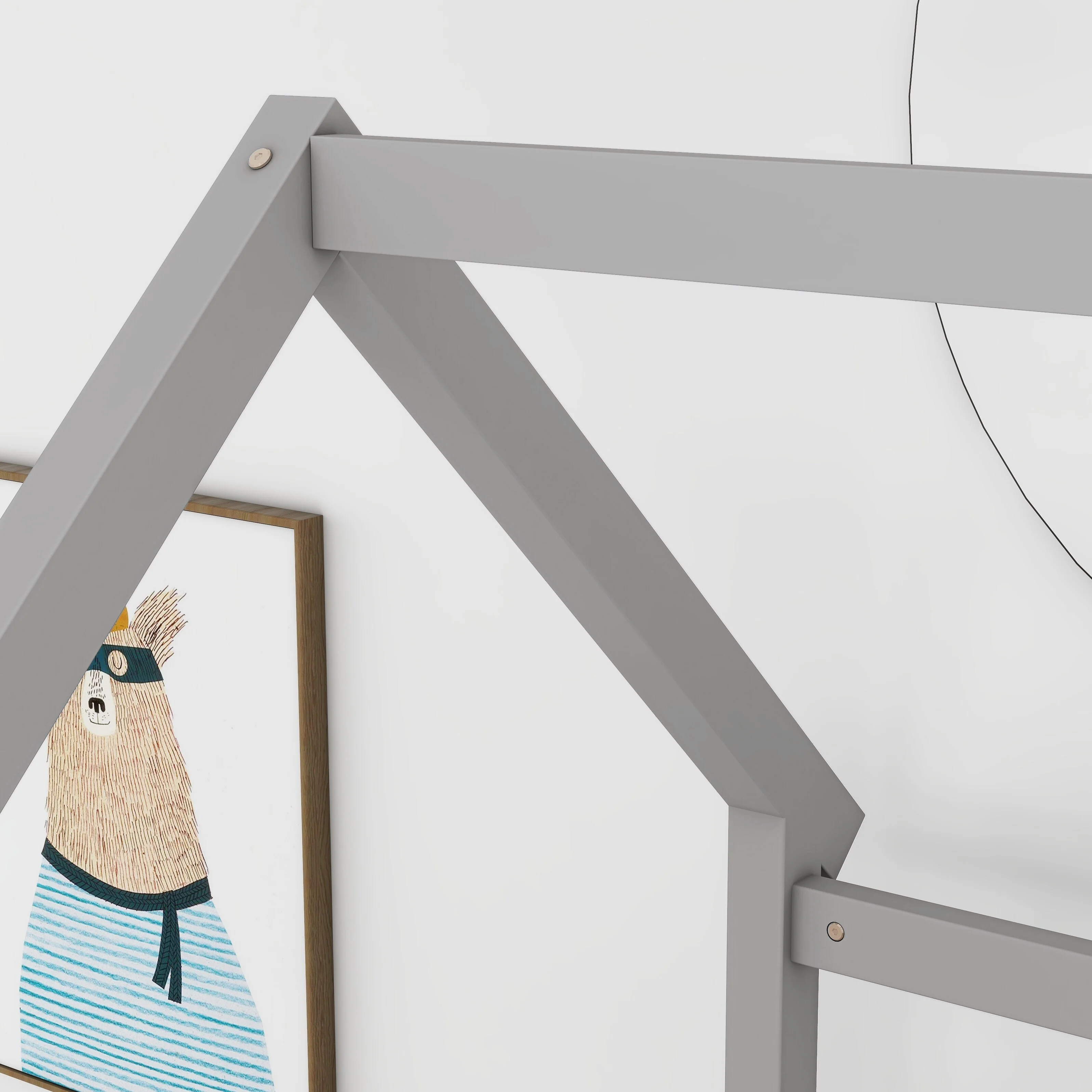 Twin Size Pine Wood Floor Bed with House Roof Frame and Guardrails