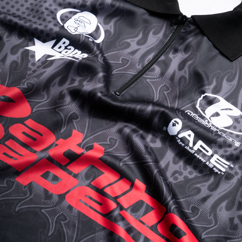 A Bathing Ape Flame Pattern Half Zip Polo Shirt - Black