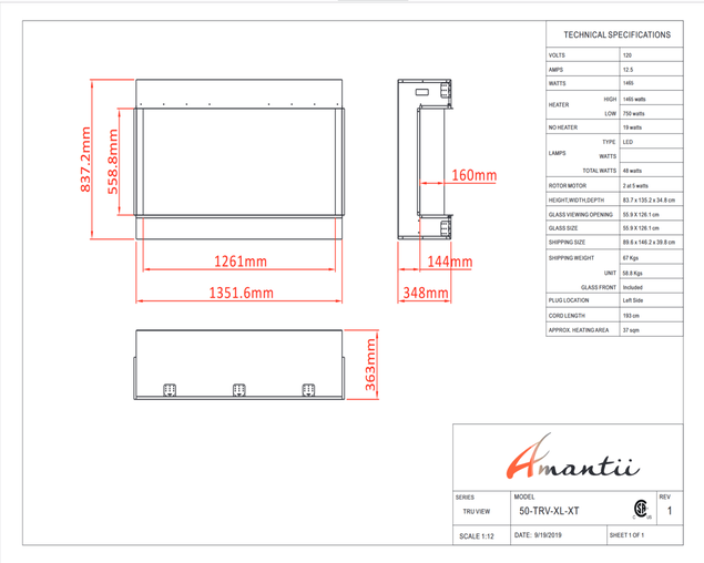 Amantii Smart 50" unit - 14 1/4" in depth 3 sided glass fireplace