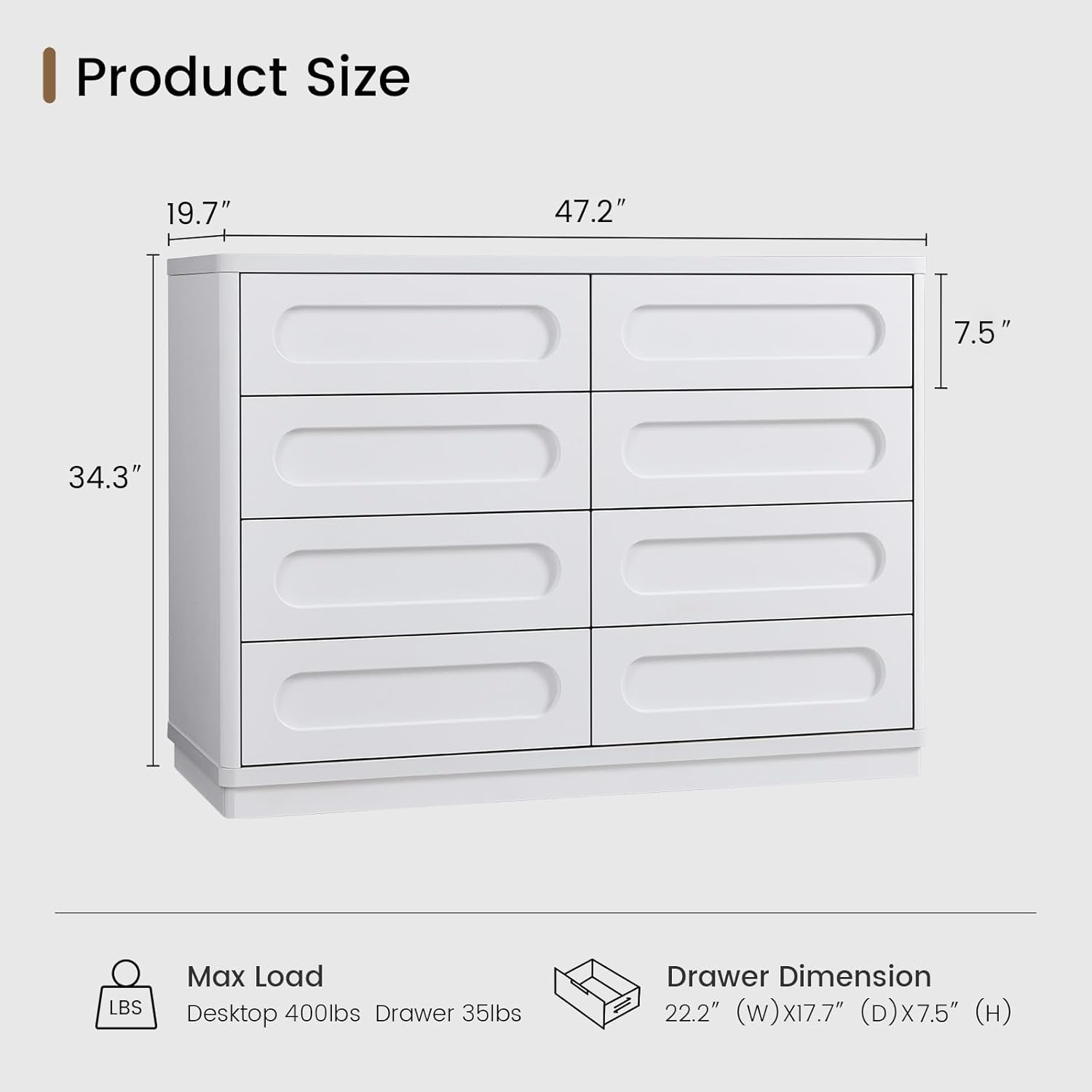 White Dresser for Bedroom with 8 Drawers, 47.2 Wide Dresser for Closet with Deep Drawer, Large Wood TV Stand, Modern Chest of Drawers for Bedroom, Hallway