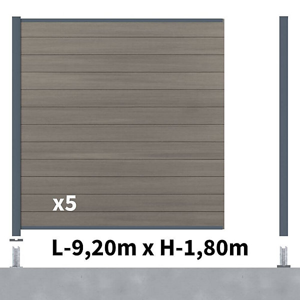 Kit clôture composite poteau sur platines - CRUZ Argent H-1,8m