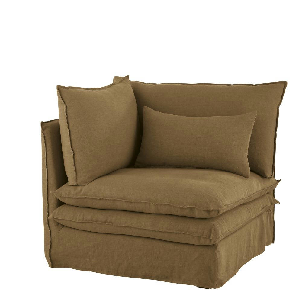 Pompei - Angle pour canapé modulable en lin froissé marron havane