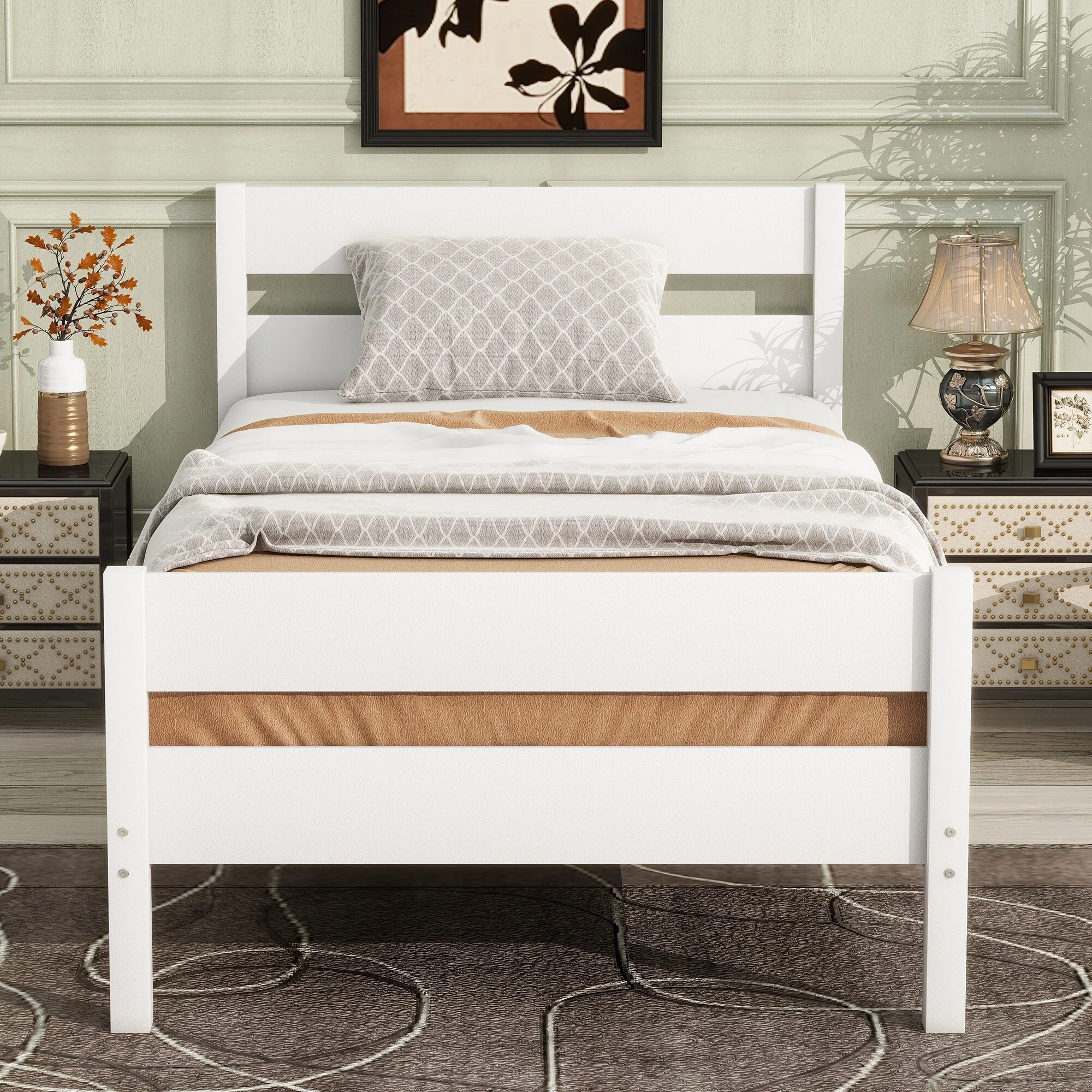 Twin Bed with Headboard and Footboard, Rubber Wood Bed, White