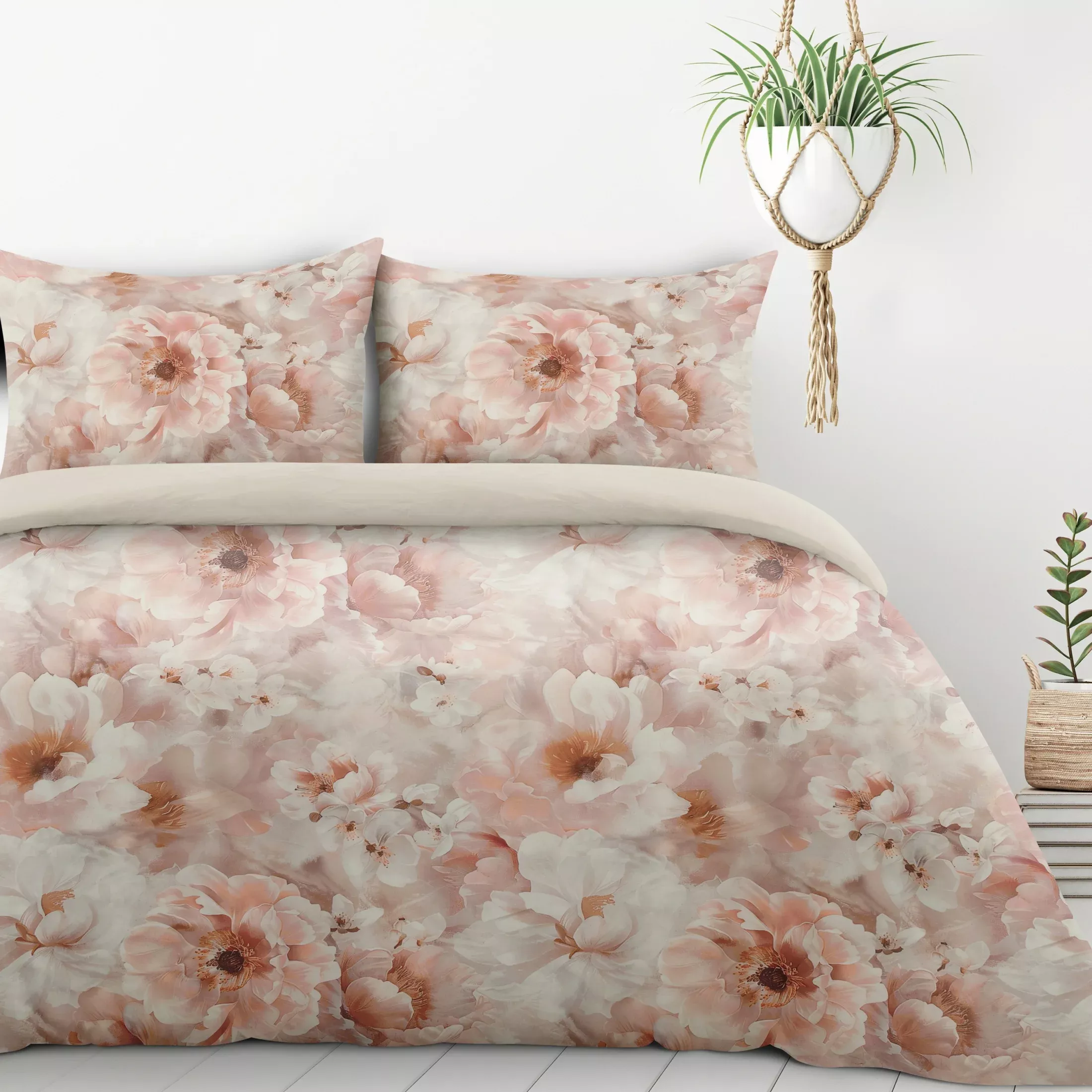 Pościel 220x200 cm komplet 3 częściowykolor biało, pudrowy z motywem okazałych kwiatów FLORINA Design 91