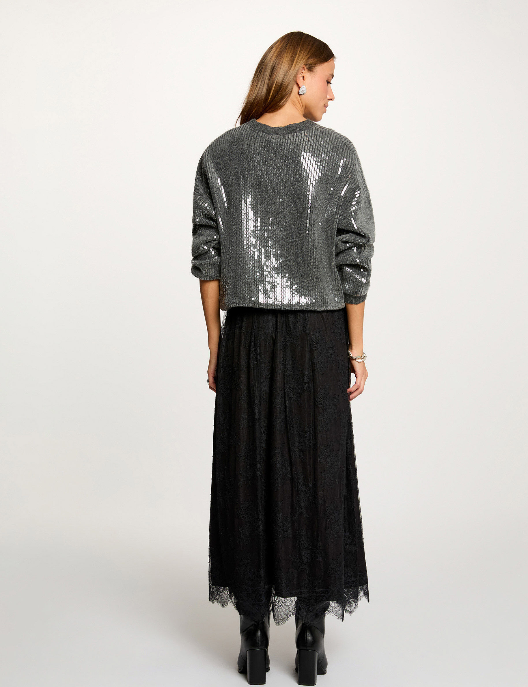 Sequin Sweater With Round Neck Dark Grey Women