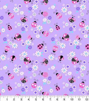 Fabric Traditions Ladybugs & Daisies on Purple Novelty Cotton Fabric
