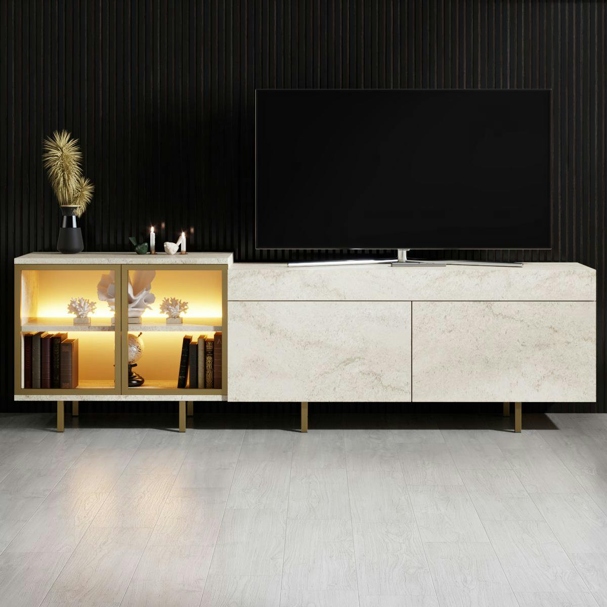 Meuble TV décor travertin et doré 2 portes 1 niche LED AURA