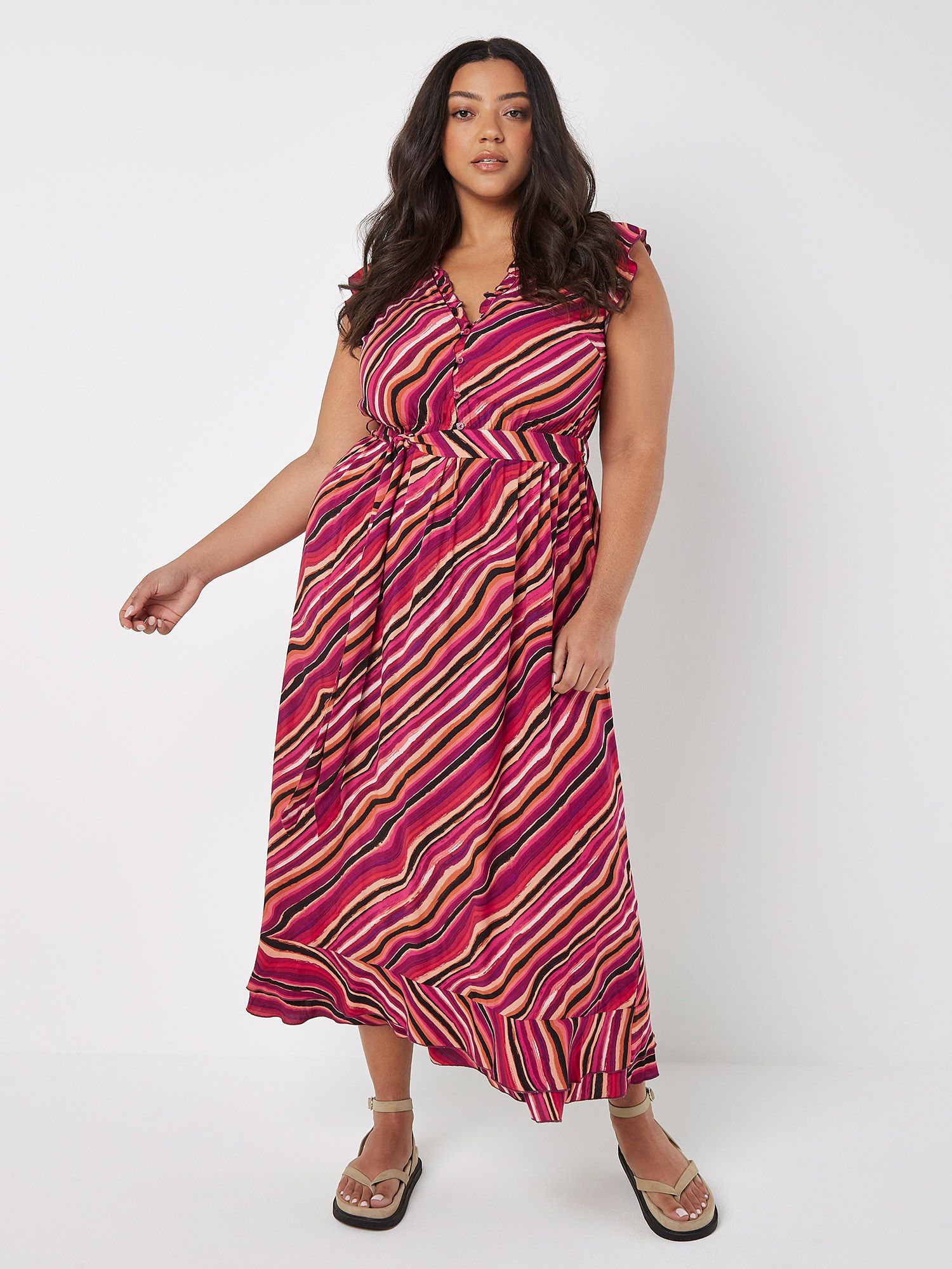Apricot Curve Retro Wave Ruffle Maxi Dress