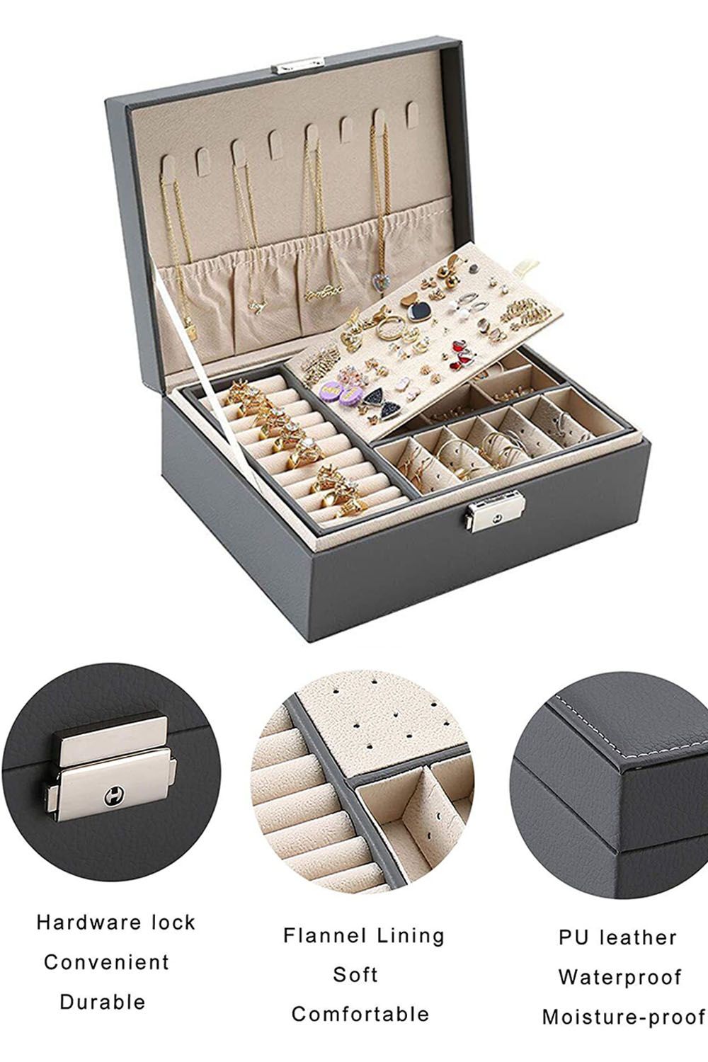 Living and Home Lockable Double Tier Faux Leather Jewellery Organizer