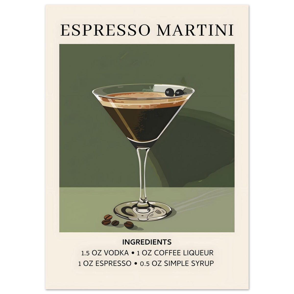 Artfulprints Poster Espresso Martini cocktail - Ingrediënten  - 50x70 cm - Donkergroen